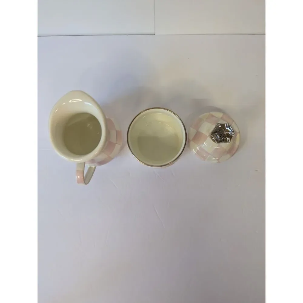 MacKenzie-Childs Rosy Check Enamel Creamer & Lidded Sugar Bowl Set Pink Like New